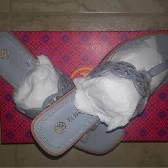 Tory Burch Mini Miller Pastel Blue Logo Leather Sandals - Picture 5 of 7